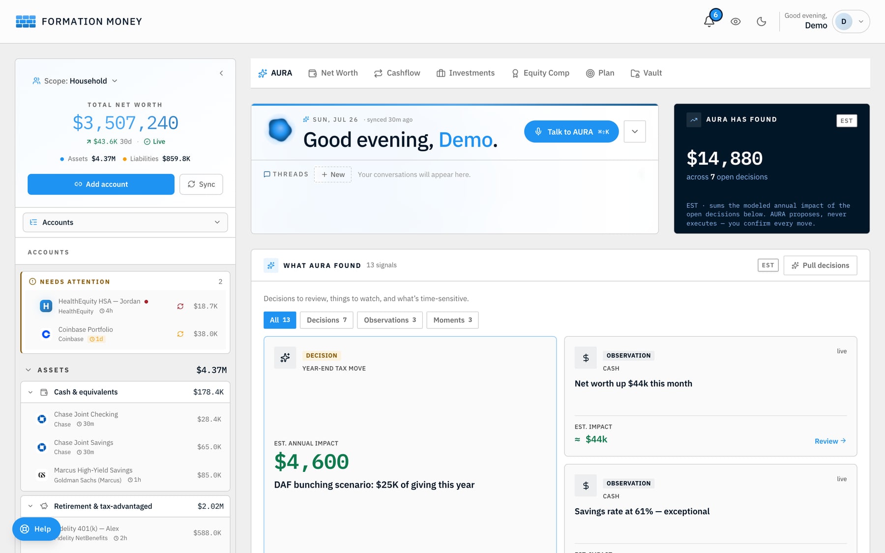 The Formation web app — total net worth, accounts organized by entity, and AURA's cited findings for a sample household