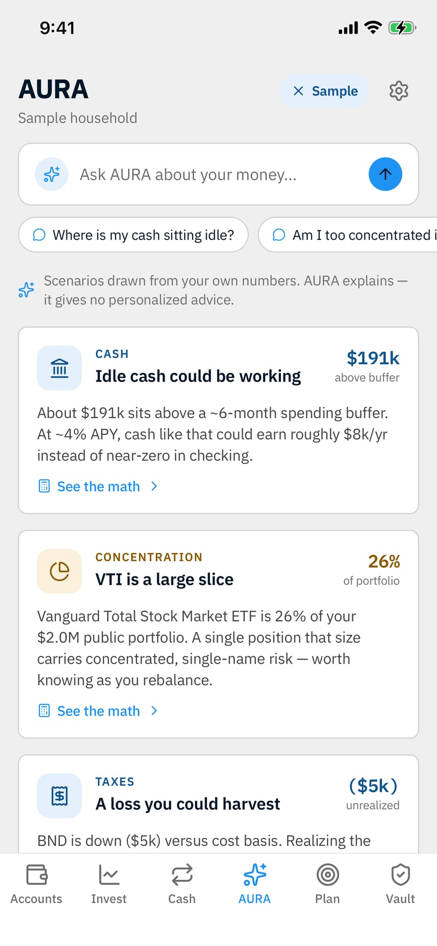 The Formation app on Android, showing AURA on a sample household: an ask bar, the note that AURA explains and gives no personalized advice, and three flagged scenarios — $191k of idle cash above a 6-month buffer that could earn roughly $8k a year at 4% APY, VTI at 26% of a $2.0M public portfolio, and a $5k unrealized loss on BND available to harvest